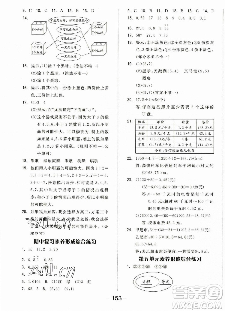 開明出版社2022全品學(xué)練考數(shù)學(xué)五年級上冊人教版答案