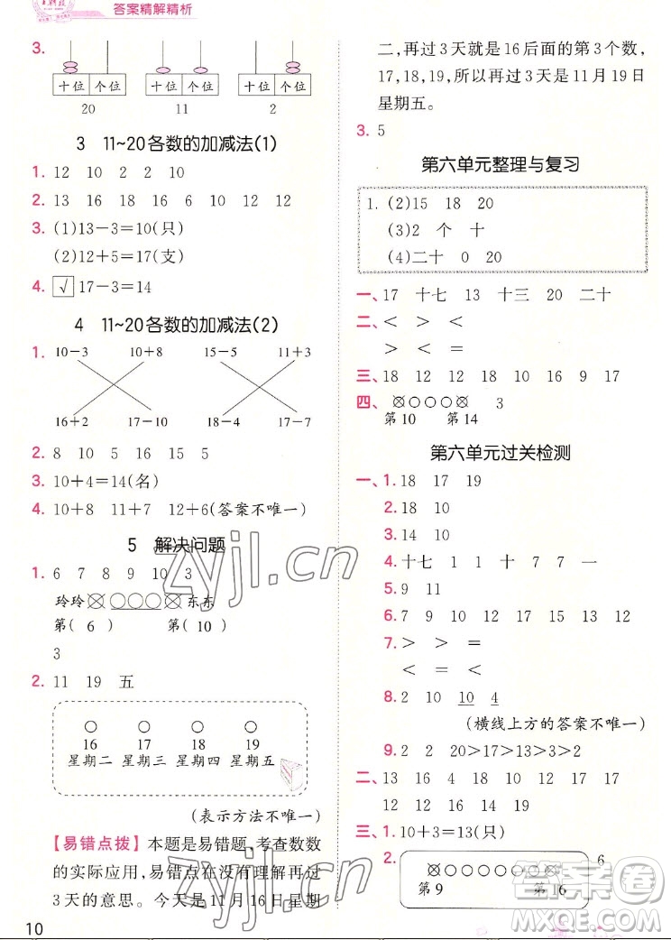 江西人民出版社2022王朝霞創(chuàng)維新課堂數(shù)學(xué)一年級(jí)上冊(cè)RJ人教版答案