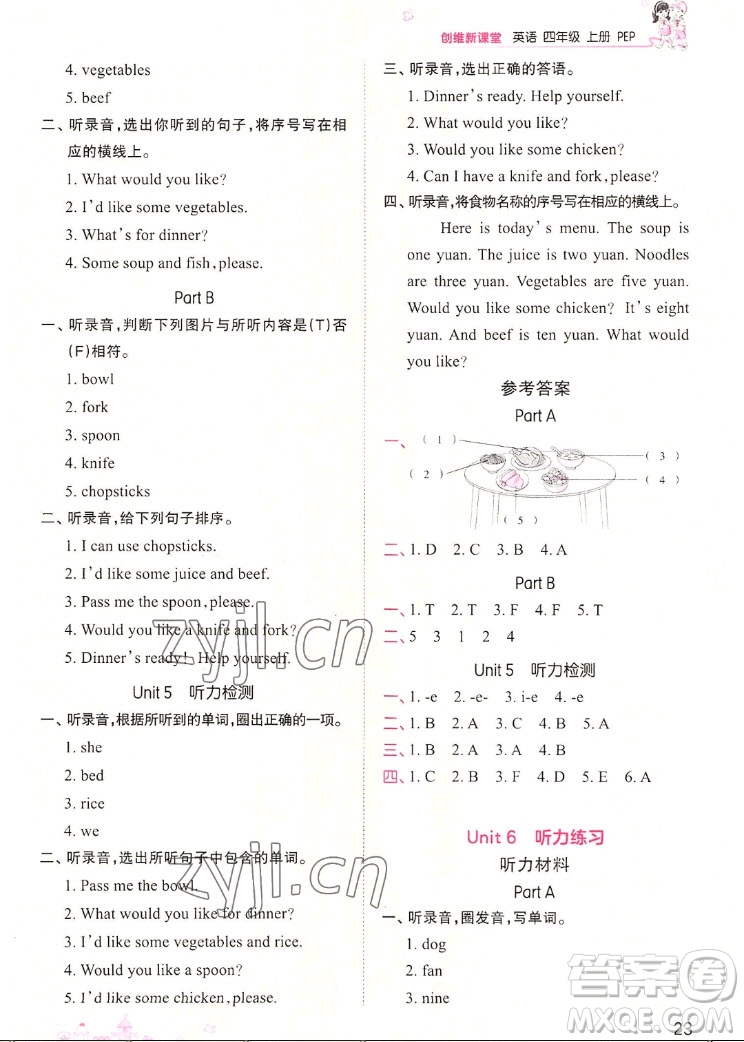 江西人民出版社2022王朝霞創(chuàng)維新課堂英語四年級(jí)上冊人教版答案