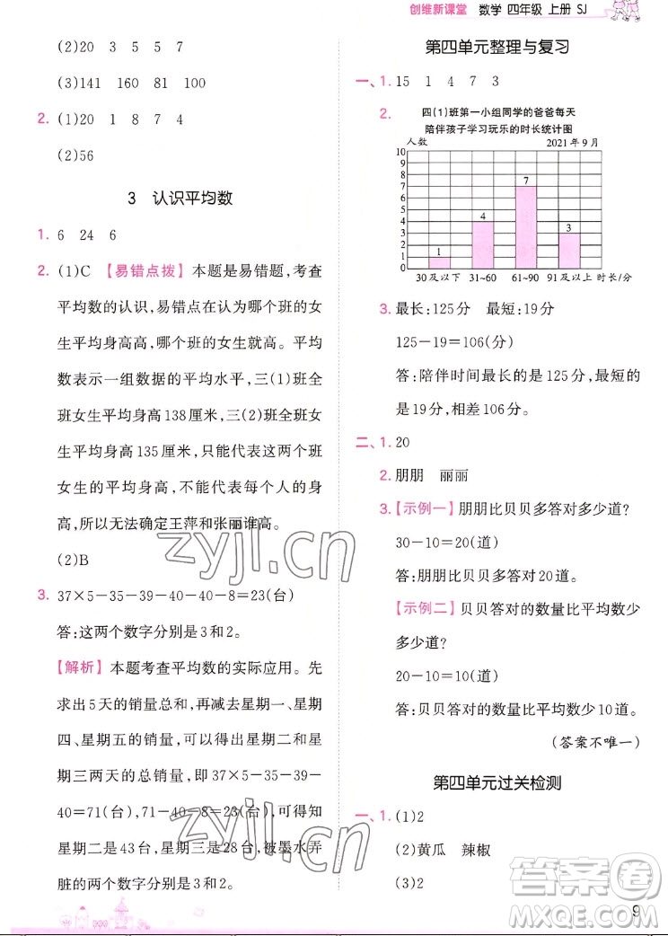 江西人民出版社2022王朝霞創(chuàng)維新課堂數(shù)學四年級上冊SJ蘇教版答案