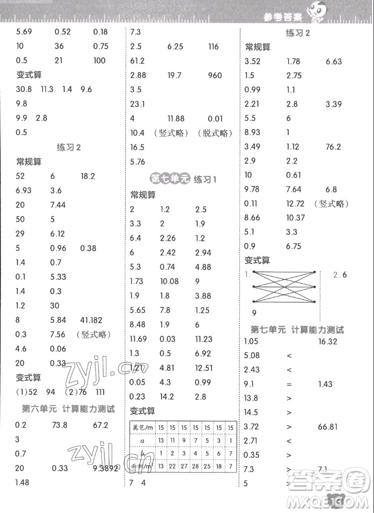 安徽教育出版社2022星級(jí)口算天天練五年級(jí)數(shù)學(xué)上SJ蘇教版答案