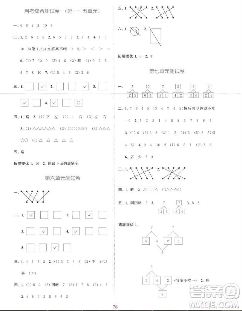 北方婦女兒童出版社2022秋江蘇金考卷數(shù)學(xué)一年級(jí)上冊(cè)蘇教版答案