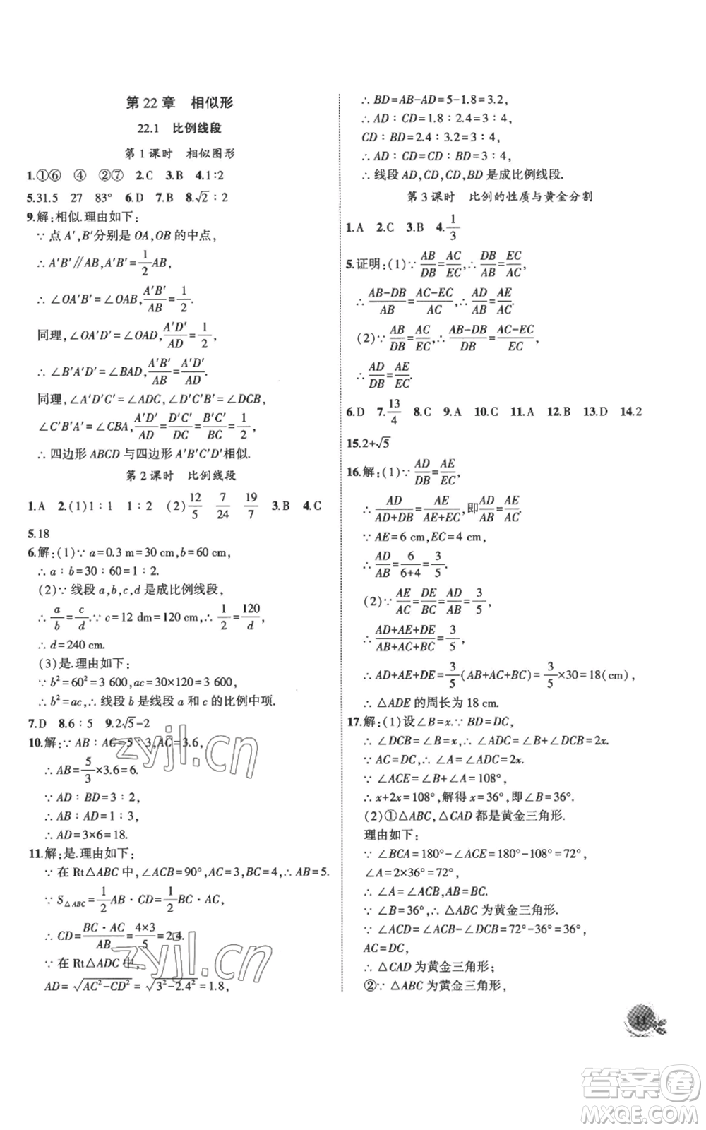 安徽大學(xué)出版社2022創(chuàng)新課堂創(chuàng)新作業(yè)本九年級上冊數(shù)學(xué)滬科版參考答案