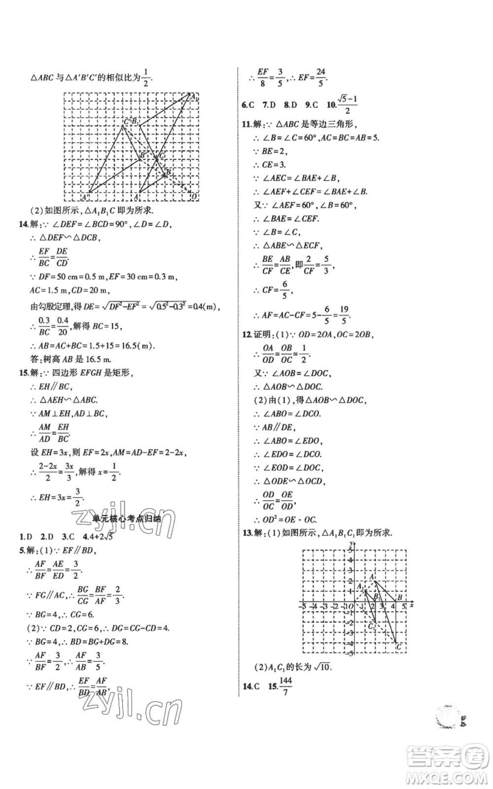 安徽大學(xué)出版社2022創(chuàng)新課堂創(chuàng)新作業(yè)本九年級上冊數(shù)學(xué)滬科版參考答案