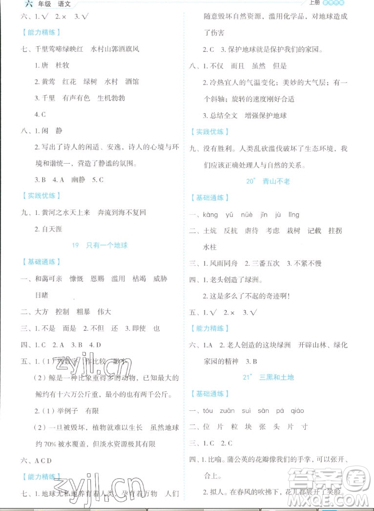 延邊人民出版社2022優(yōu)秀生作業(yè)本語文六年級(jí)上冊(cè)部編版答案