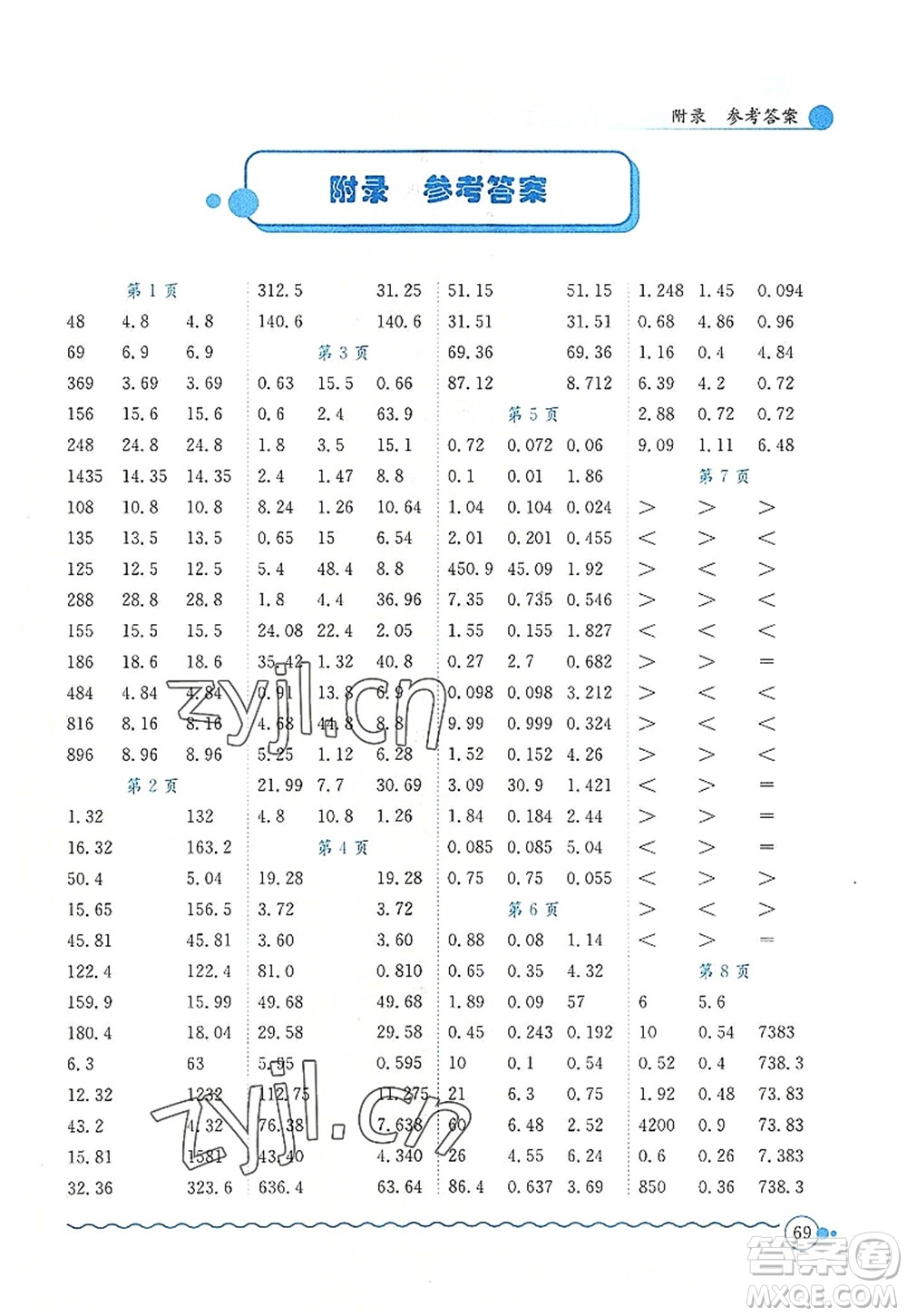 龍門書局2022黃岡小狀元口算速算練習(xí)冊(cè)五年級(jí)數(shù)學(xué)上冊(cè)R人教版答案