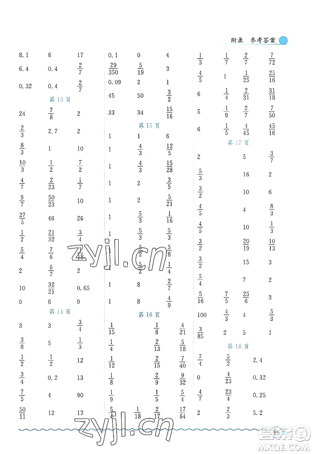 龍門書局2022黃岡小狀元口算速算練習(xí)冊(cè)六年級(jí)數(shù)學(xué)上冊(cè)R人教版答案