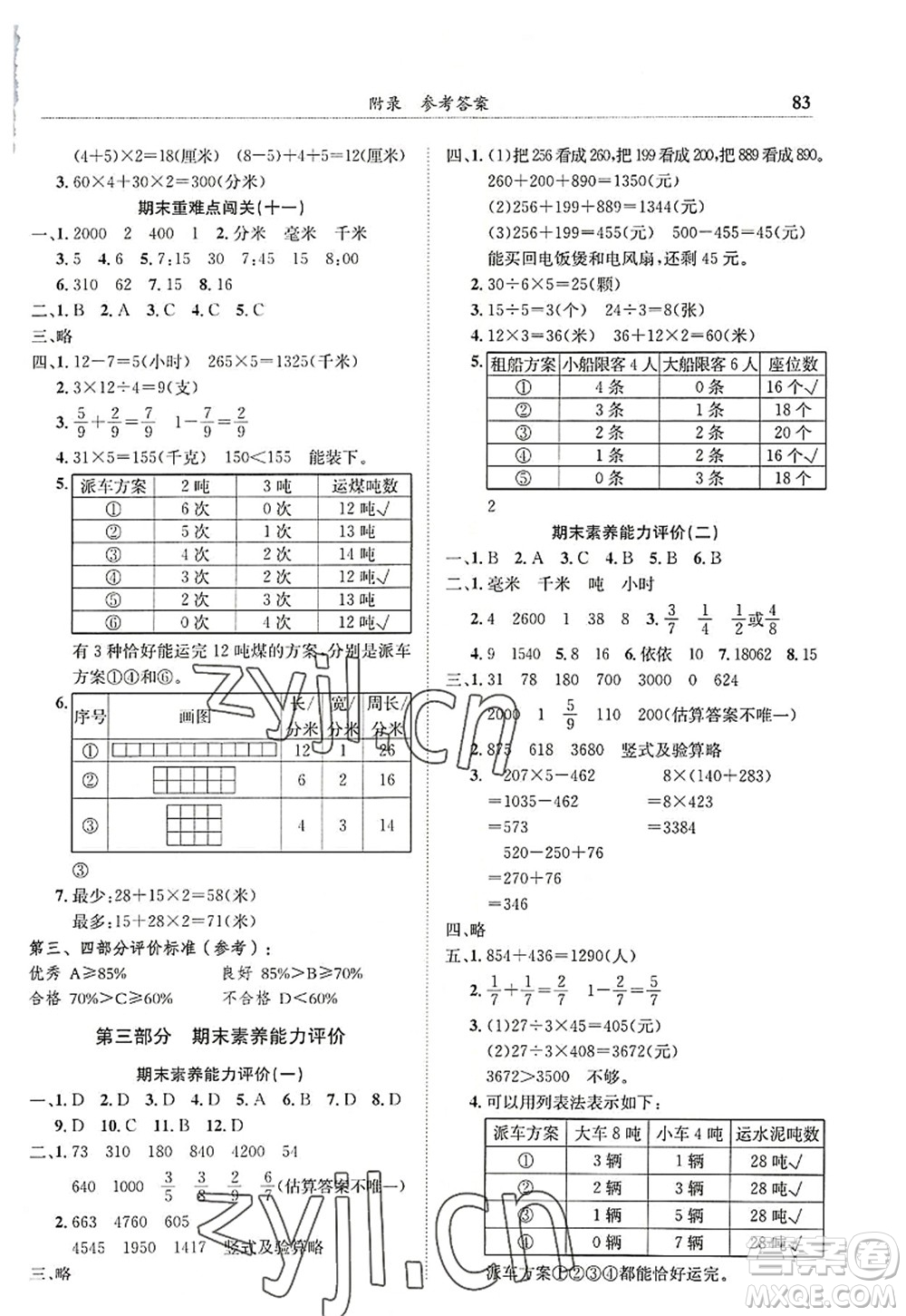 龍門書局2022黃岡小狀元滿分沖刺微測驗期末復(fù)習(xí)專用三年級數(shù)學(xué)上冊R人教版答案