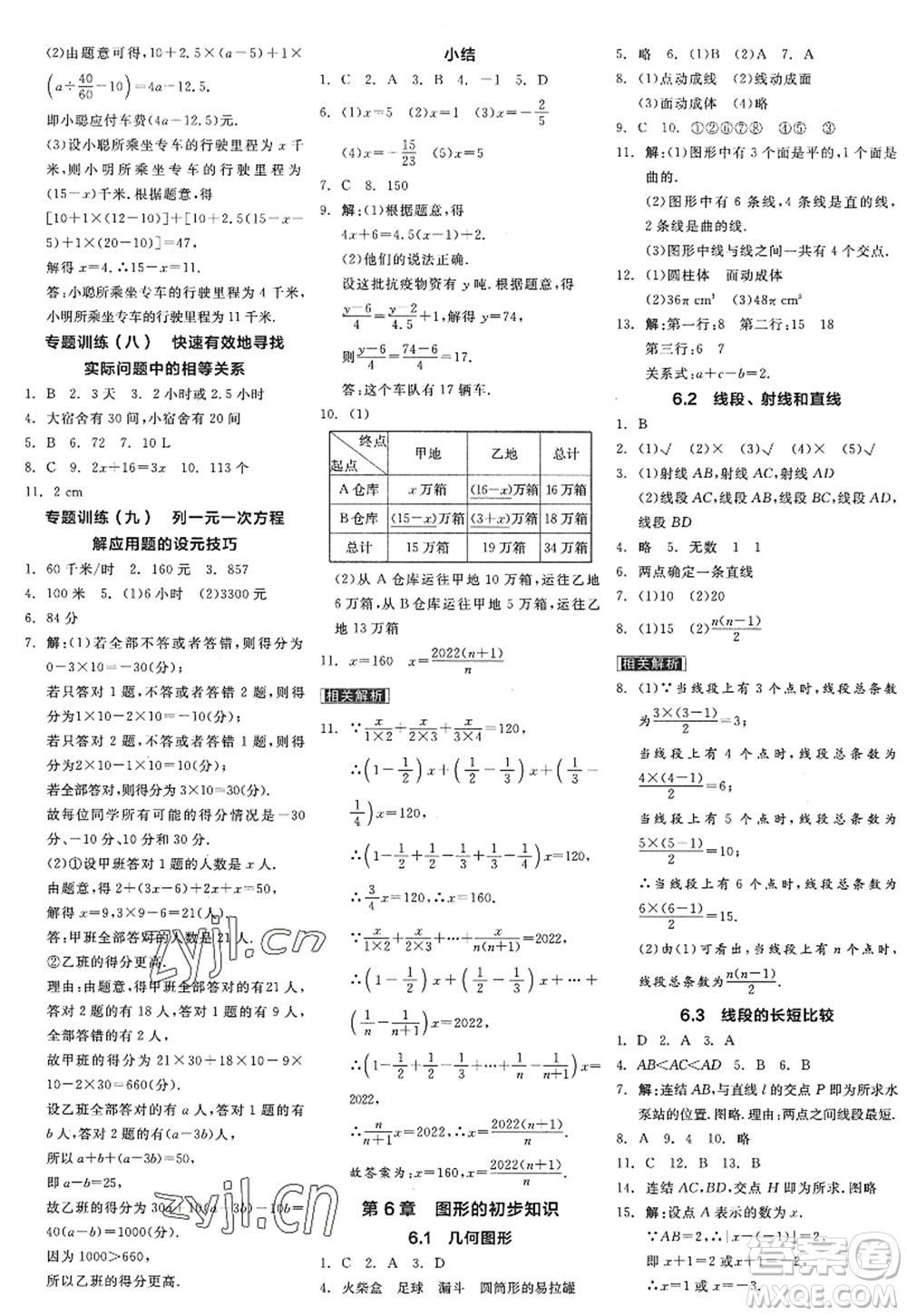 陽(yáng)光出版社2022全品學(xué)練考七年級(jí)數(shù)學(xué)上冊(cè)ZJ浙教版答案