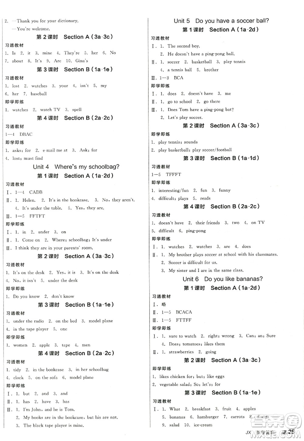 陽光出版社2022全品學(xué)練考七年級英語上冊RJ人教版江西專版答案