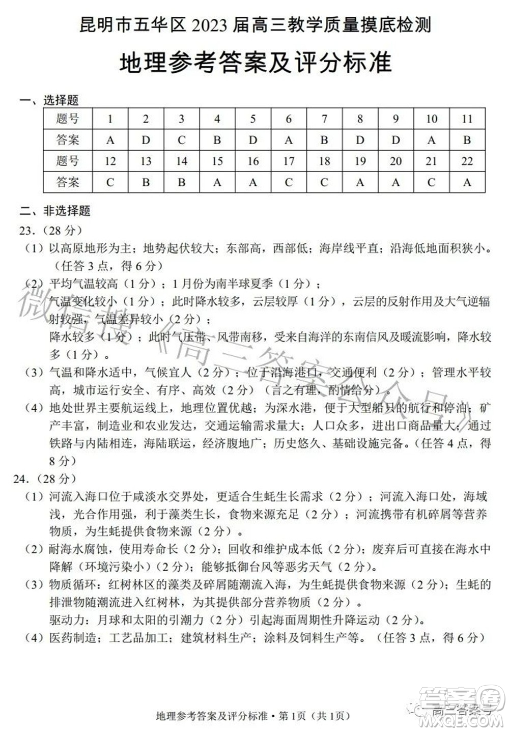 昆明市五華區(qū)2023屆高三教學質量摸底檢測地理試題及答案