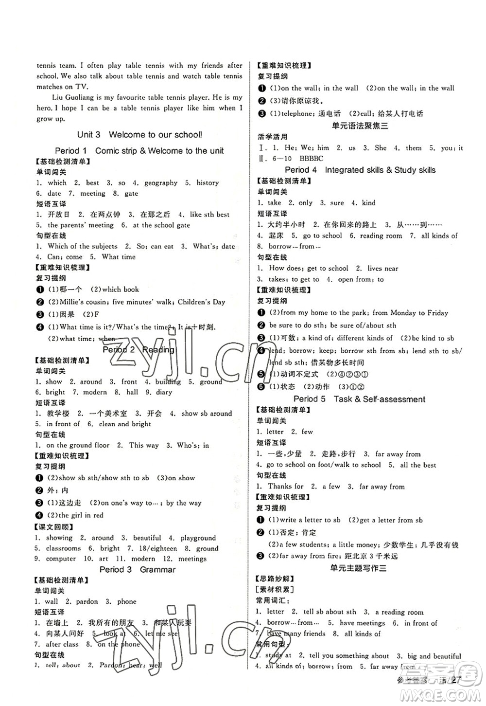 陽光出版社2022全品學(xué)練考七年級英語上冊YLNJ譯林牛津版徐州專版答案