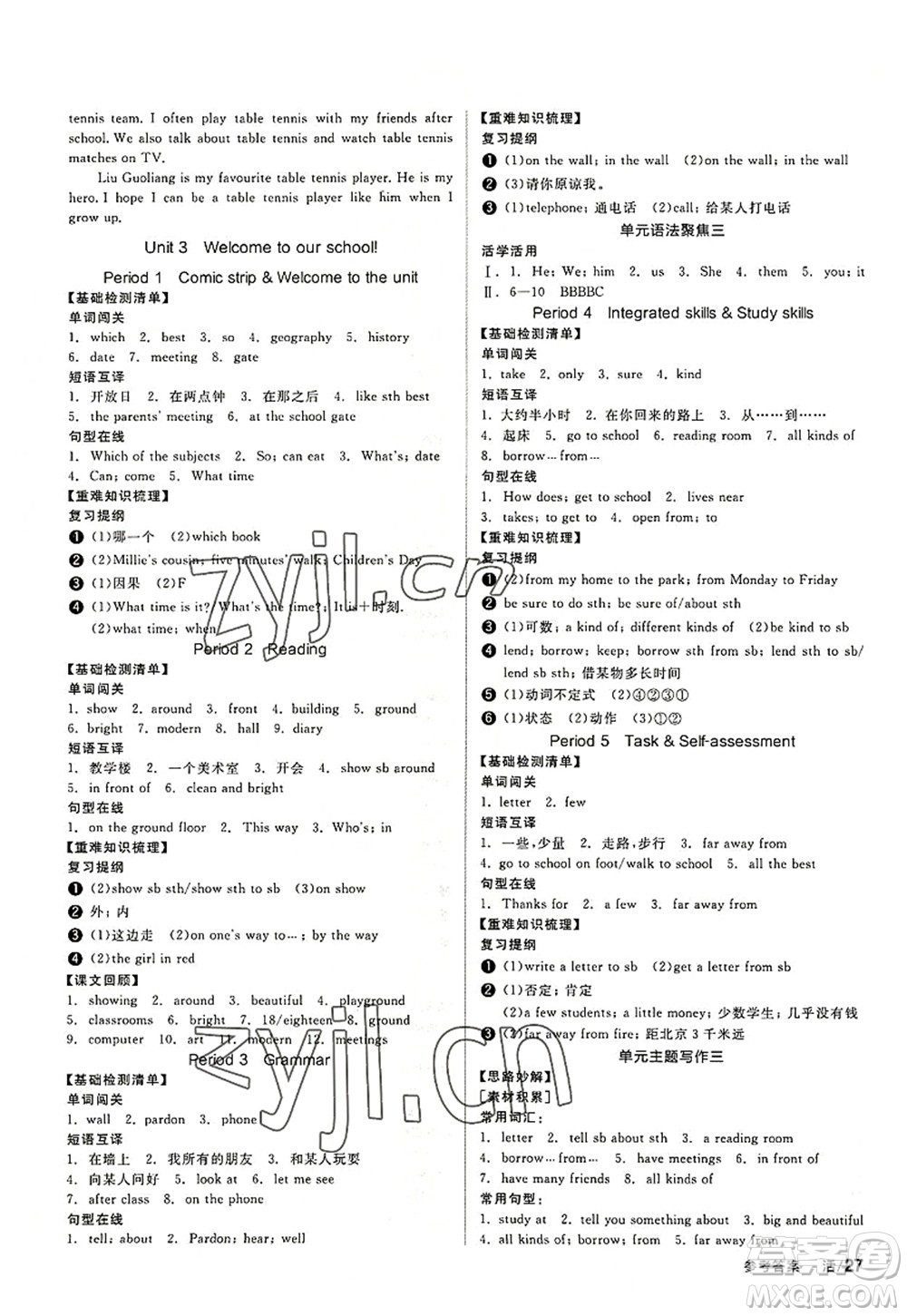 陽(yáng)光出版社2022全品學(xué)練考七年級(jí)英語(yǔ)上冊(cè)YLNJ譯林牛津版答案