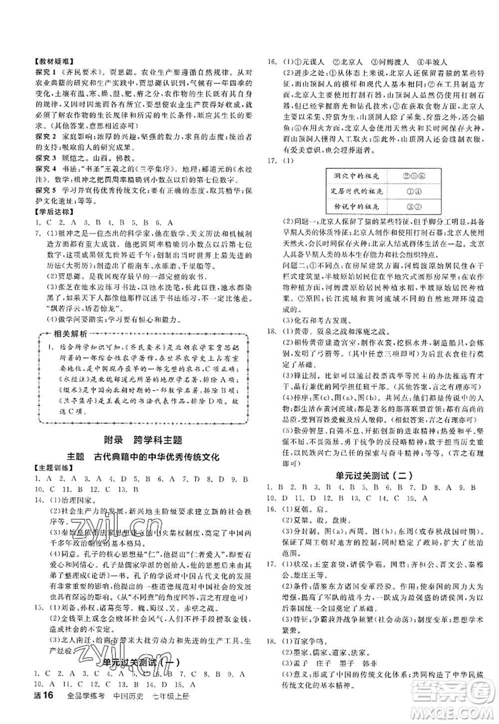 陽(yáng)光出版社2022全品學(xué)練考七年級(jí)歷史上冊(cè)人教版答案