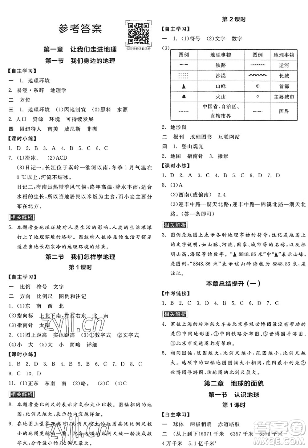 陽光出版社2022全品學(xué)練考七年級(jí)地理上冊(cè)XJ湘教版答案