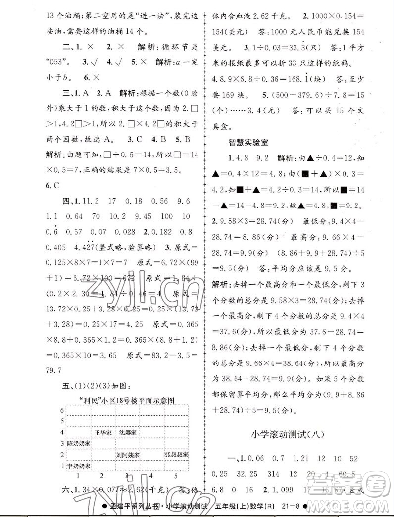 浙江工商大學(xué)出版社2022孟建平小學(xué)滾動測試數(shù)學(xué)五年級上人教版答案