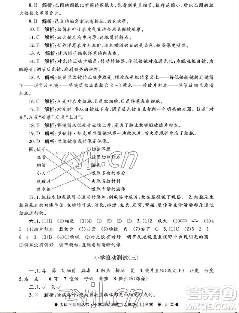 浙江工商大學(xué)出版社2022孟建平小學(xué)滾動(dòng)測(cè)試科學(xué)六年級(jí)上教科版答案