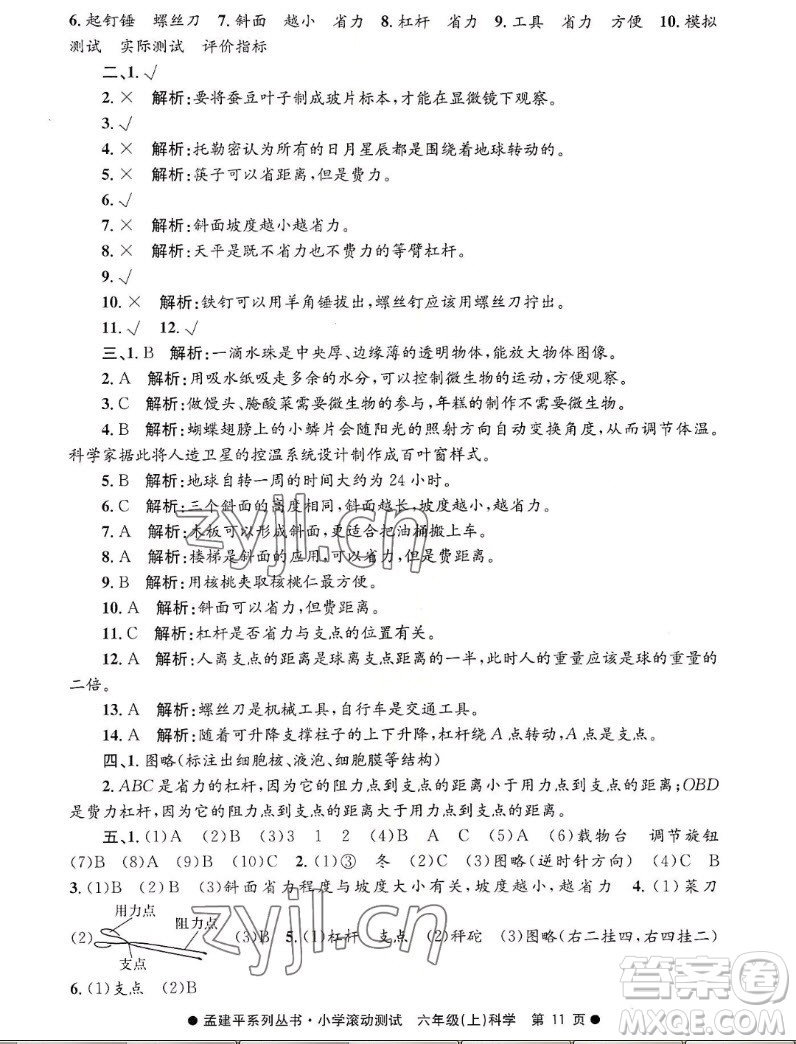 浙江工商大學(xué)出版社2022孟建平小學(xué)滾動(dòng)測(cè)試科學(xué)六年級(jí)上教科版答案
