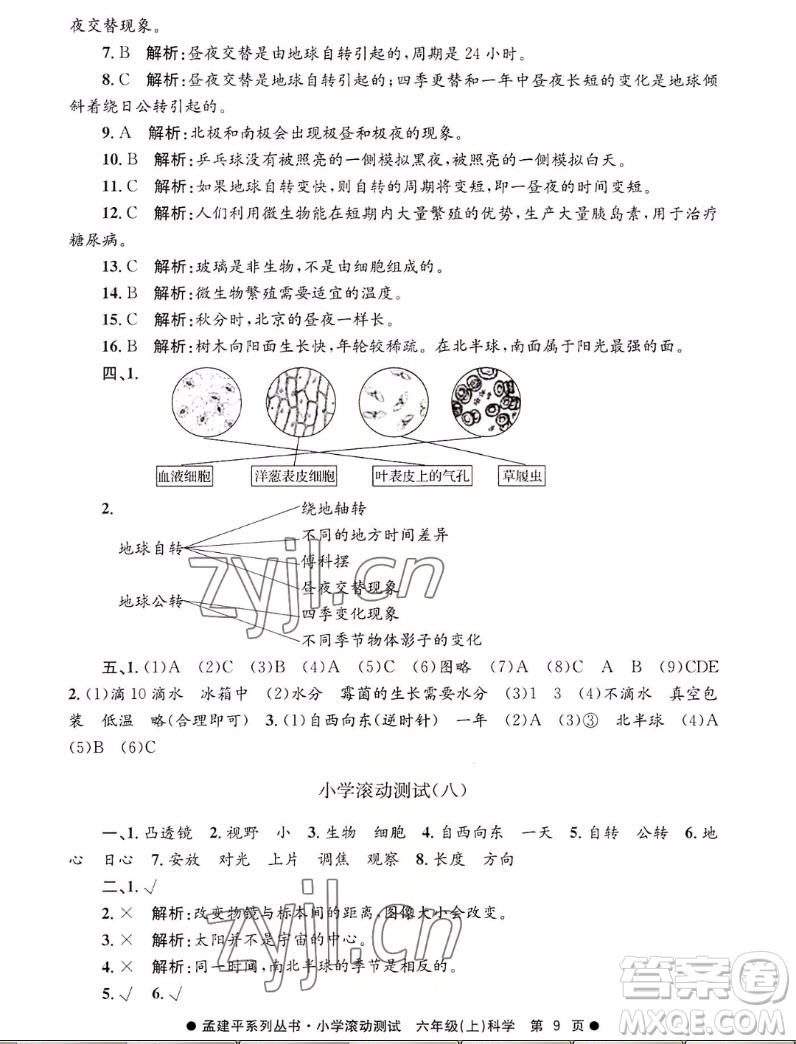 浙江工商大學(xué)出版社2022孟建平小學(xué)滾動(dòng)測(cè)試科學(xué)六年級(jí)上教科版答案