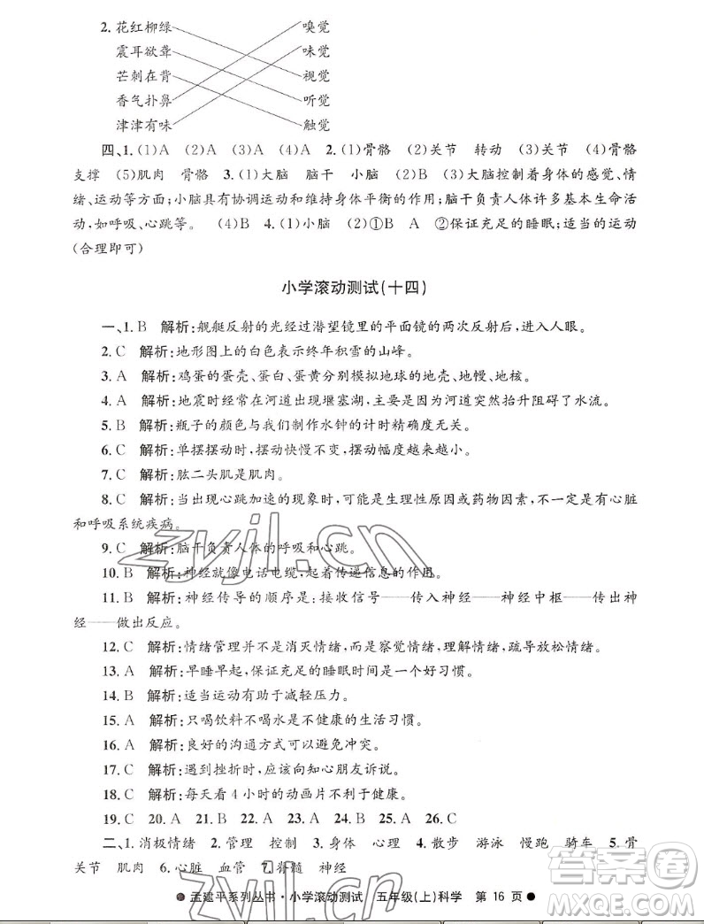 浙江工商大學(xué)出版社2022孟建平小學(xué)滾動(dòng)測(cè)試科學(xué)五年級(jí)上教科版答案