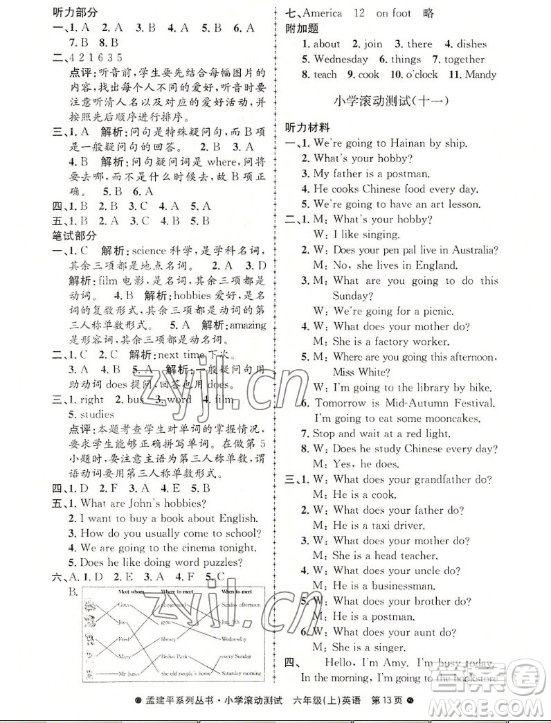 浙江工商大學出版社2022孟建平小學滾動測試英語六年級上人教版答案