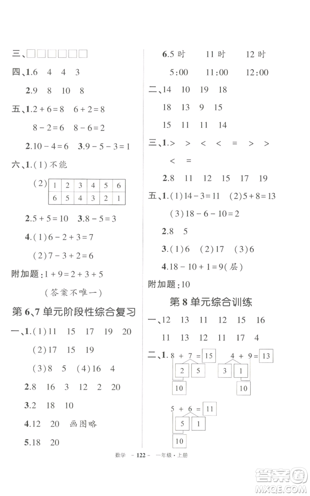 長江出版社2022秋季狀元成才路創(chuàng)優(yōu)作業(yè)100分一年級上冊數(shù)學(xué)人教版參考答案