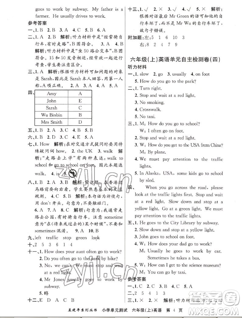 浙江工商大學(xué)出版社2022孟建平小學(xué)單元測試英語六年級上人教版答案