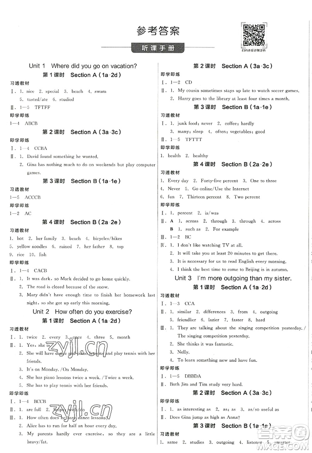 河北科學(xué)技術(shù)出版社2022全品學(xué)練考八年級英語上冊RJ人教版江西專版答案