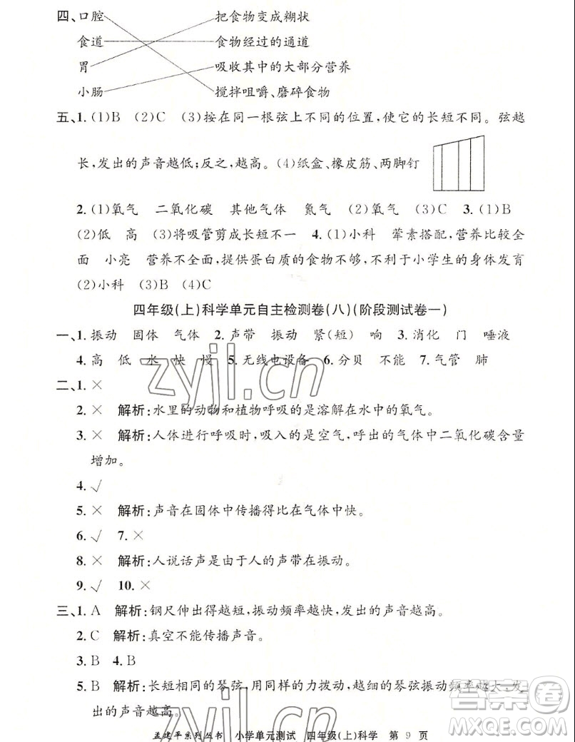 浙江工商大學(xué)出版社2022孟建平小學(xué)單元測試科學(xué)四年級上教科版答案