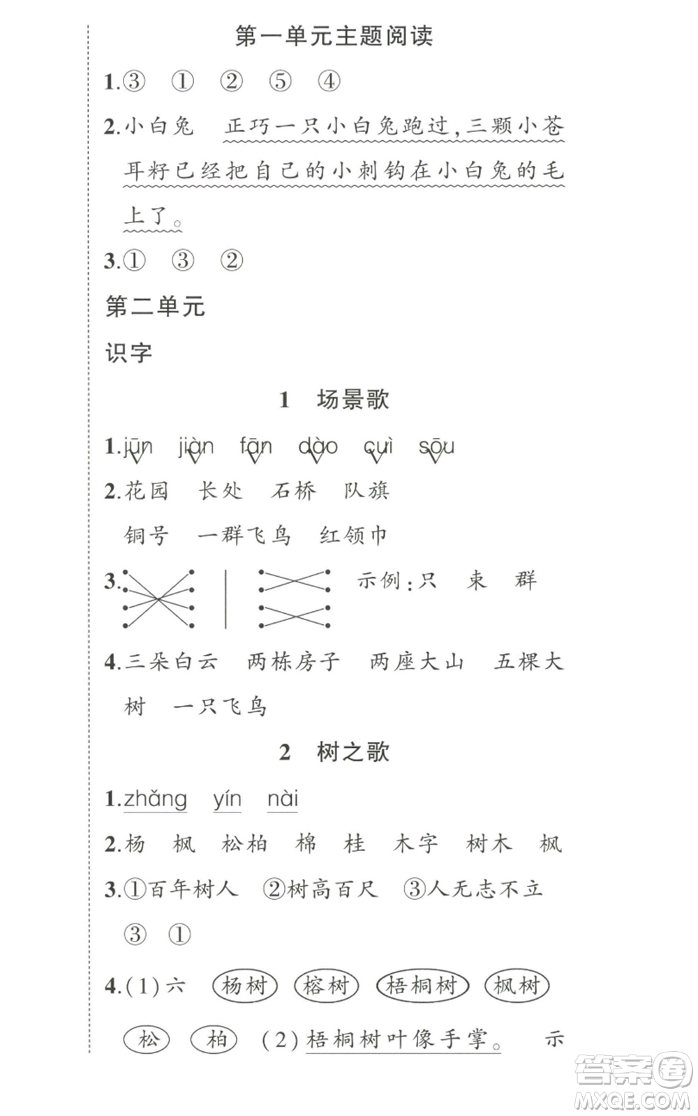 武漢出版社2022秋季狀元成才路創(chuàng)優(yōu)作業(yè)100分二年級(jí)上冊(cè)語文人教版湖北專版參考答案