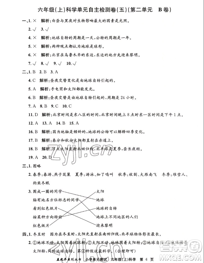 浙江工商大學(xué)出版社2022孟建平小學(xué)單元測試科學(xué)六年級上教科版答案