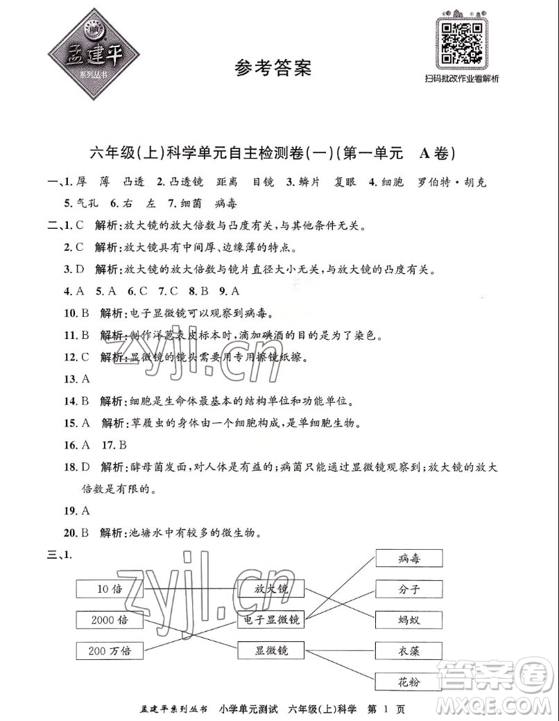 浙江工商大學(xué)出版社2022孟建平小學(xué)單元測試科學(xué)六年級上教科版答案