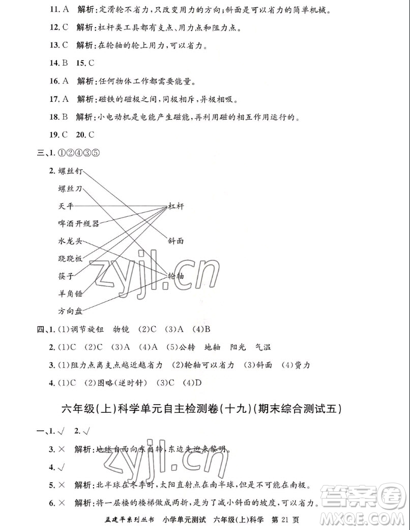 浙江工商大學(xué)出版社2022孟建平小學(xué)單元測試科學(xué)六年級上教科版答案