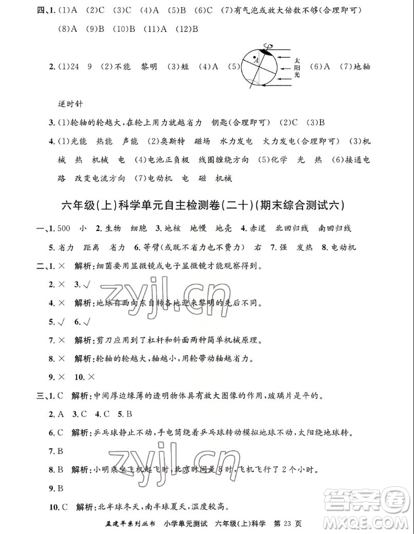 浙江工商大學(xué)出版社2022孟建平小學(xué)單元測試科學(xué)六年級上教科版答案