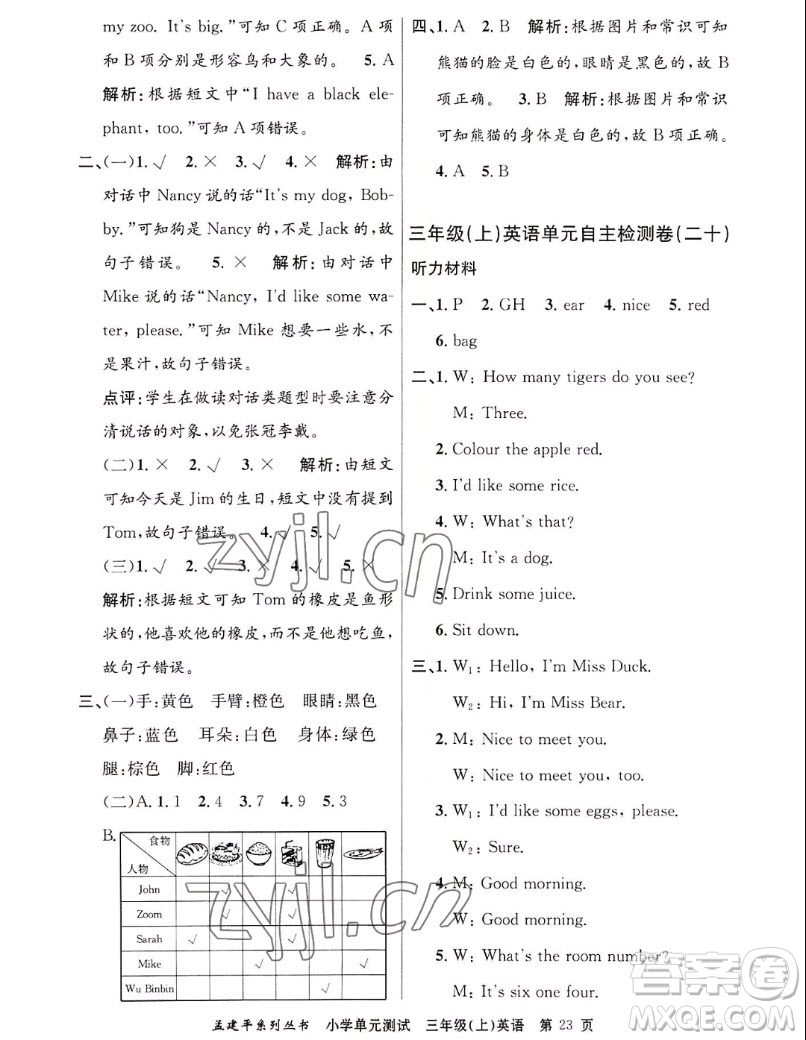 浙江工商大學出版社2022孟建平小學單元測試英語三年級上人教版答案