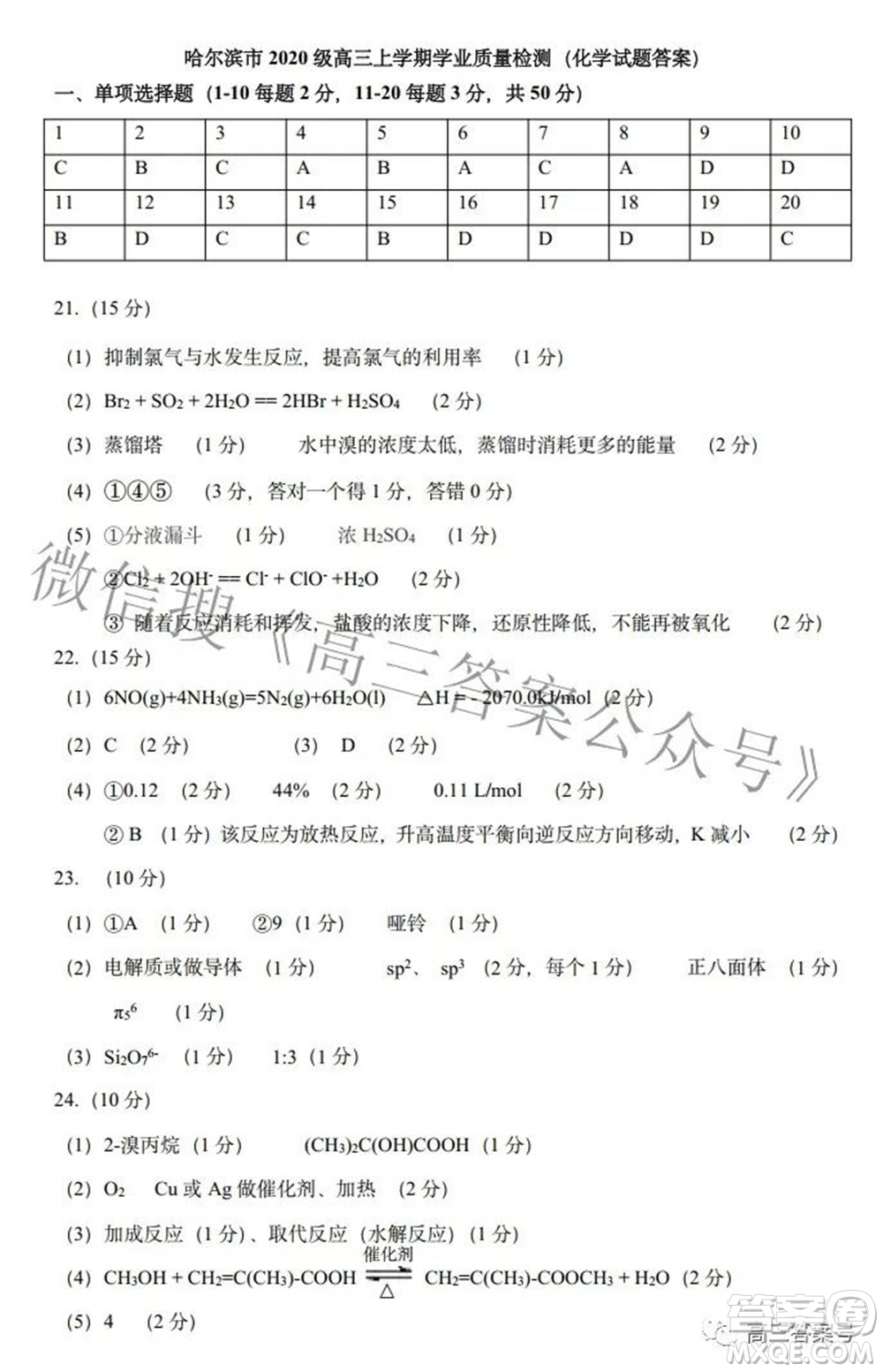 哈爾濱市2020級(jí)學(xué)業(yè)質(zhì)量檢測(cè)試題化學(xué)試題及答案