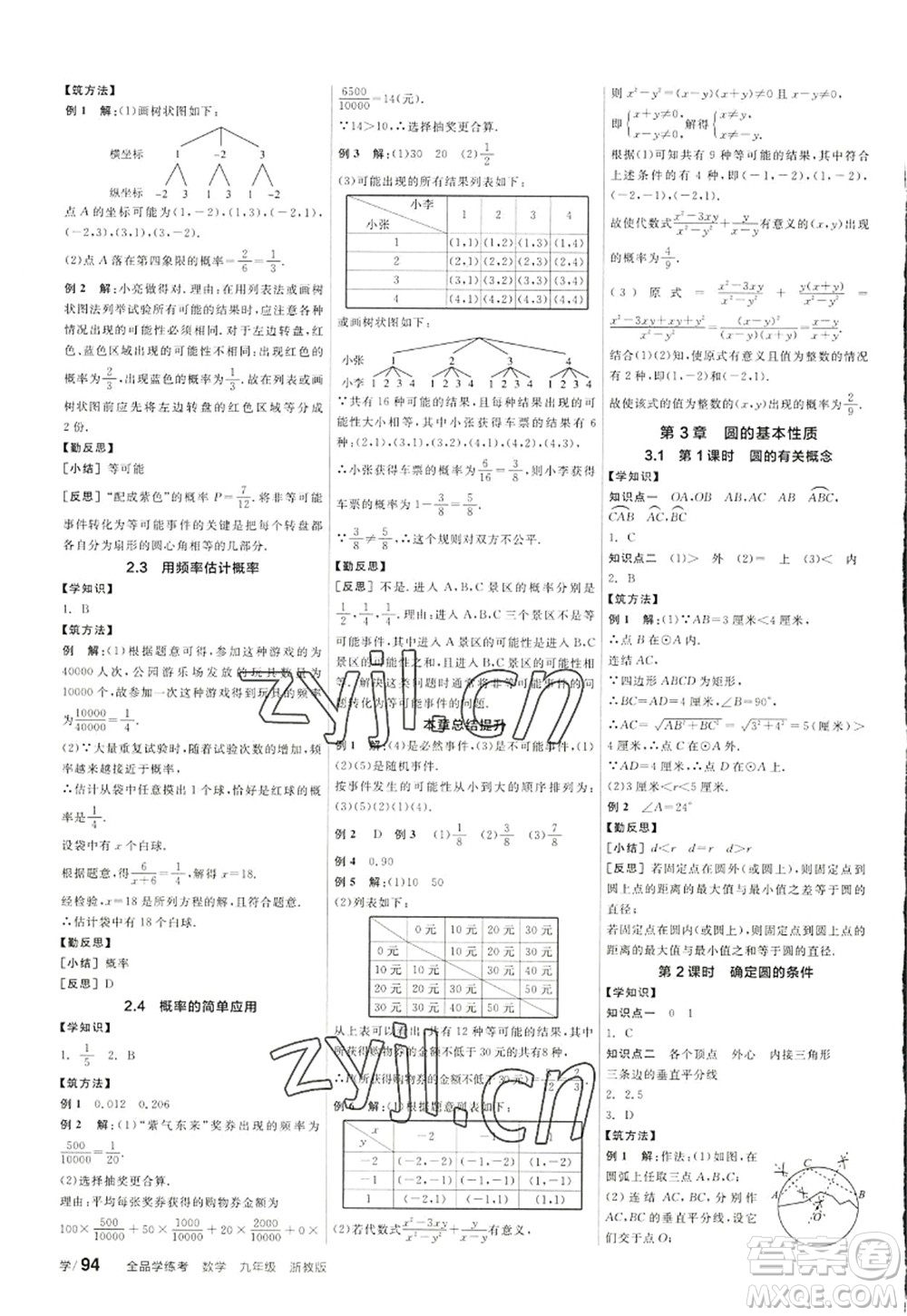 陽(yáng)光出版社2022全品學(xué)練考九年級(jí)數(shù)學(xué)全一冊(cè)ZJ浙教版答案