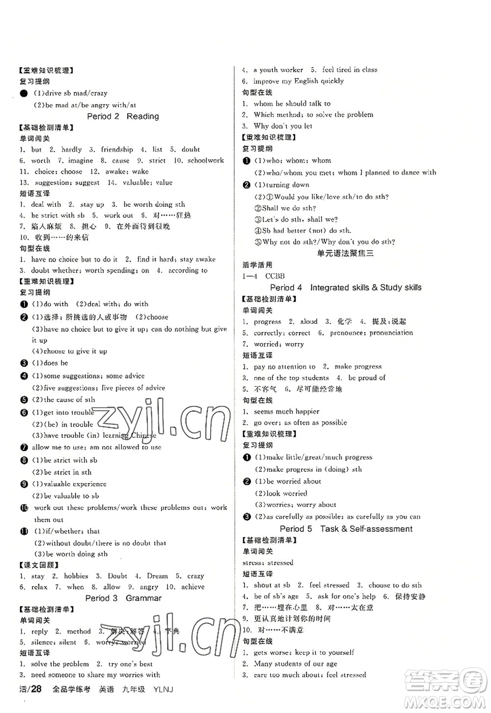 沈陽出版社2022全品學(xué)練考九年級英語全一冊YLNJ譯林牛津版答案