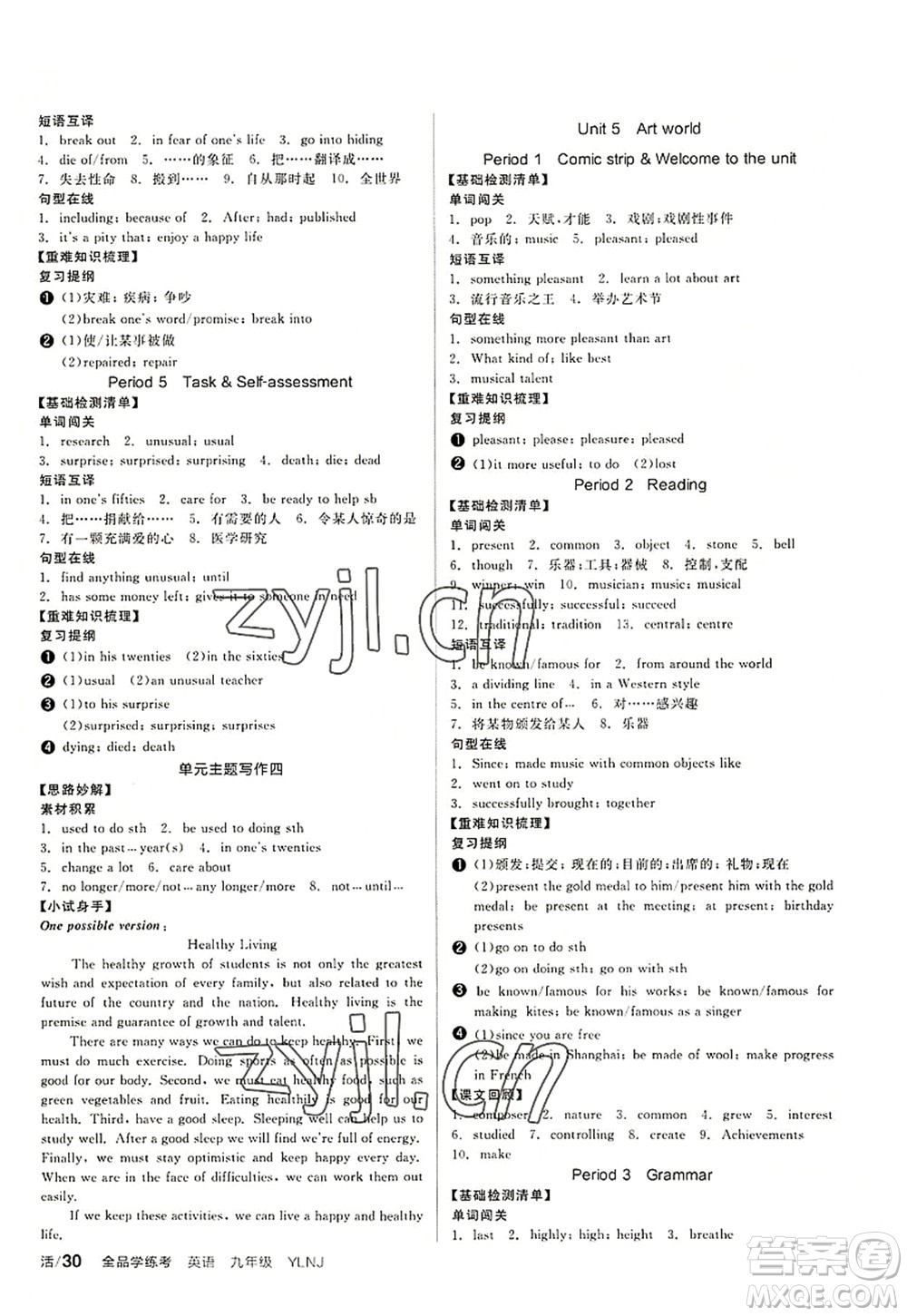 沈陽出版社2022全品學(xué)練考九年級英語全一冊YLNJ譯林牛津版答案