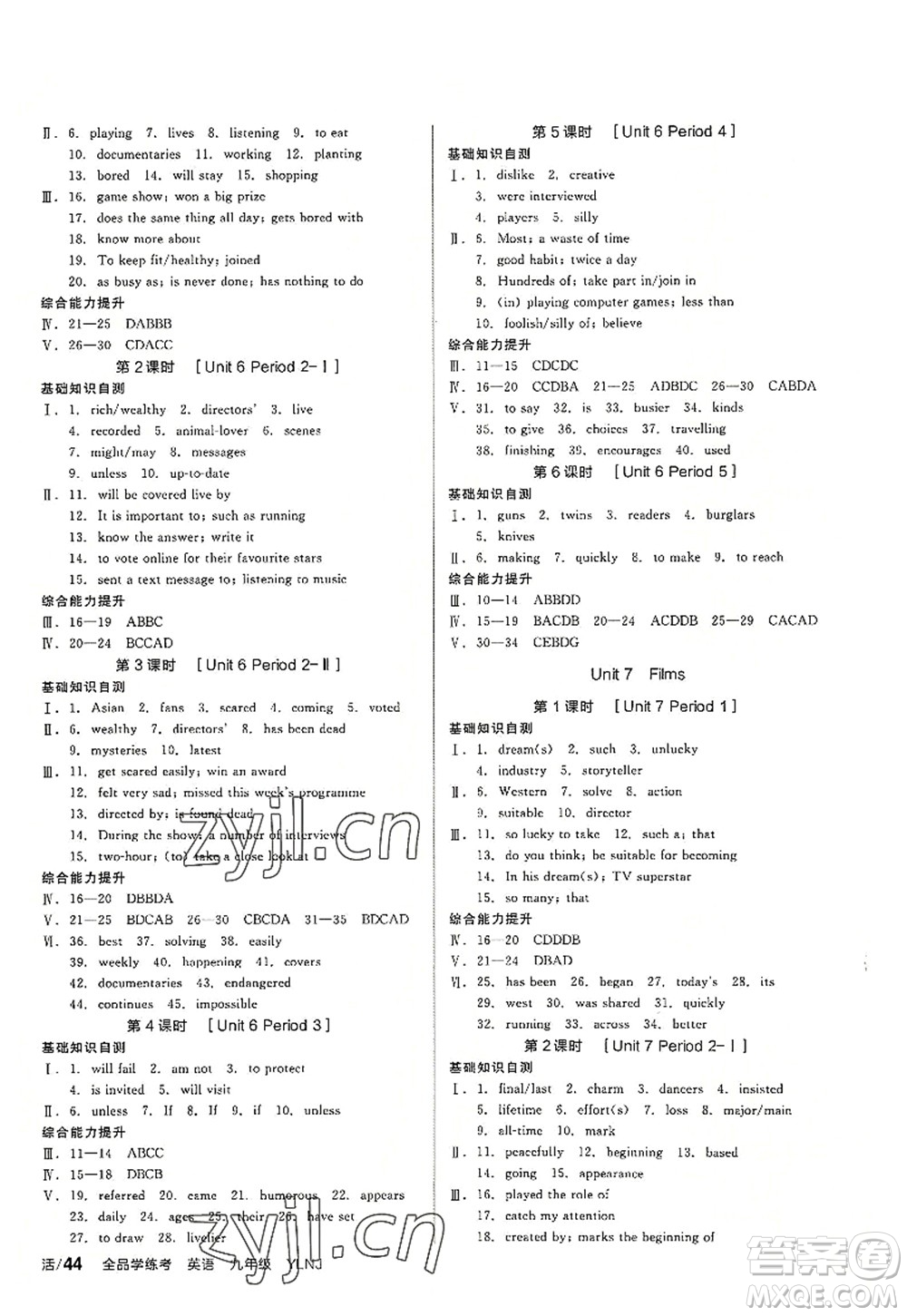 沈陽出版社2022全品學(xué)練考九年級英語全一冊YLNJ譯林牛津版答案