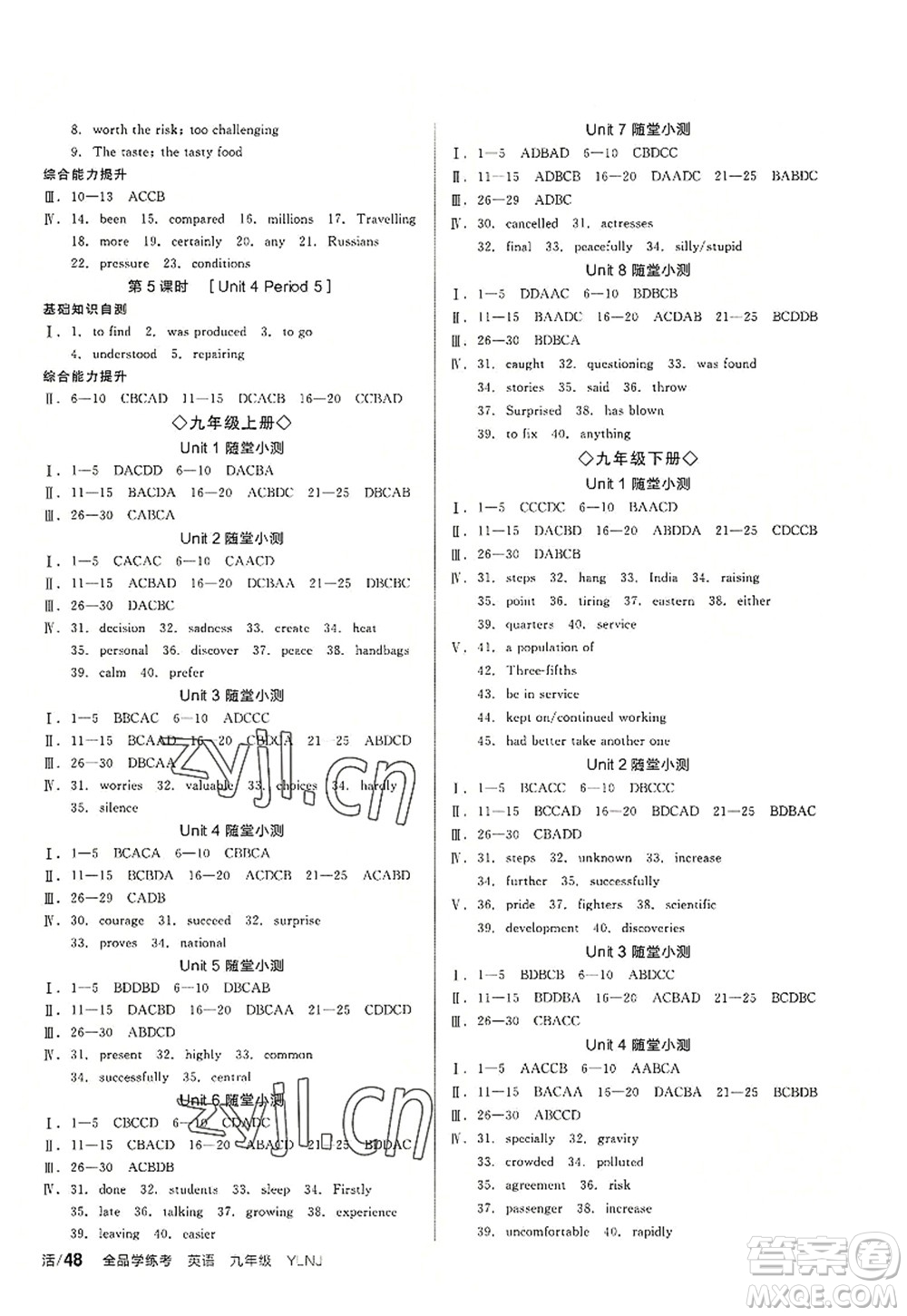 沈陽出版社2022全品學(xué)練考九年級英語全一冊YLNJ譯林牛津版答案