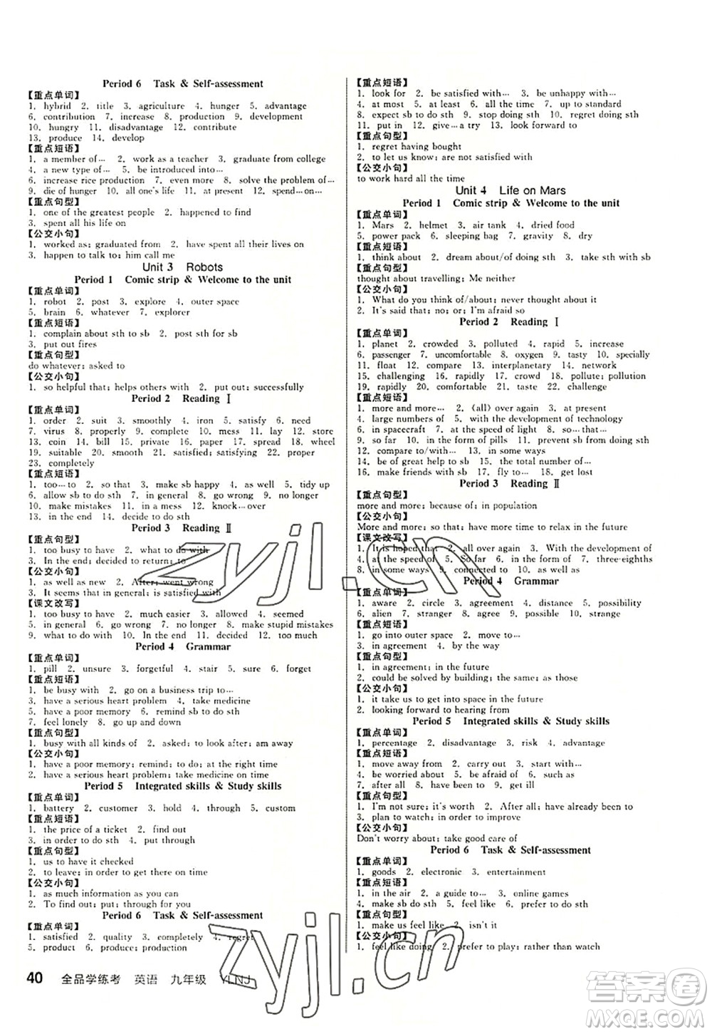 沈陽出版社2022全品學(xué)練考九年級英語全一冊YLNJ譯林牛津版答案