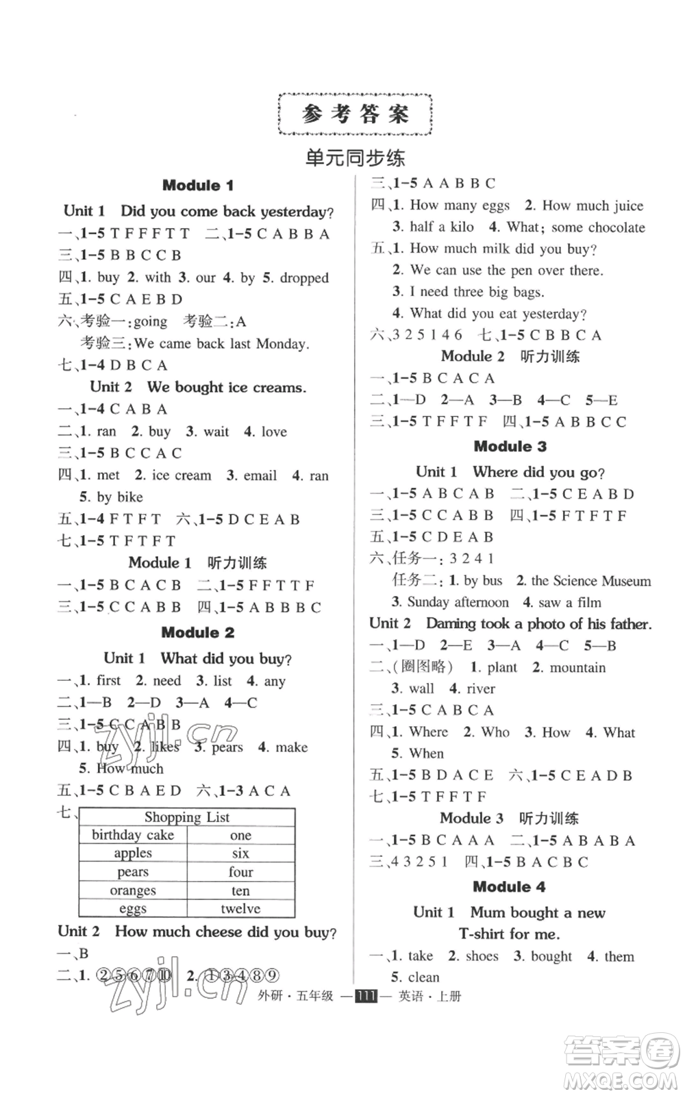 西安出版社2022秋季狀元成才路創(chuàng)優(yōu)作業(yè)100分五年級上冊英語外研版參考答案