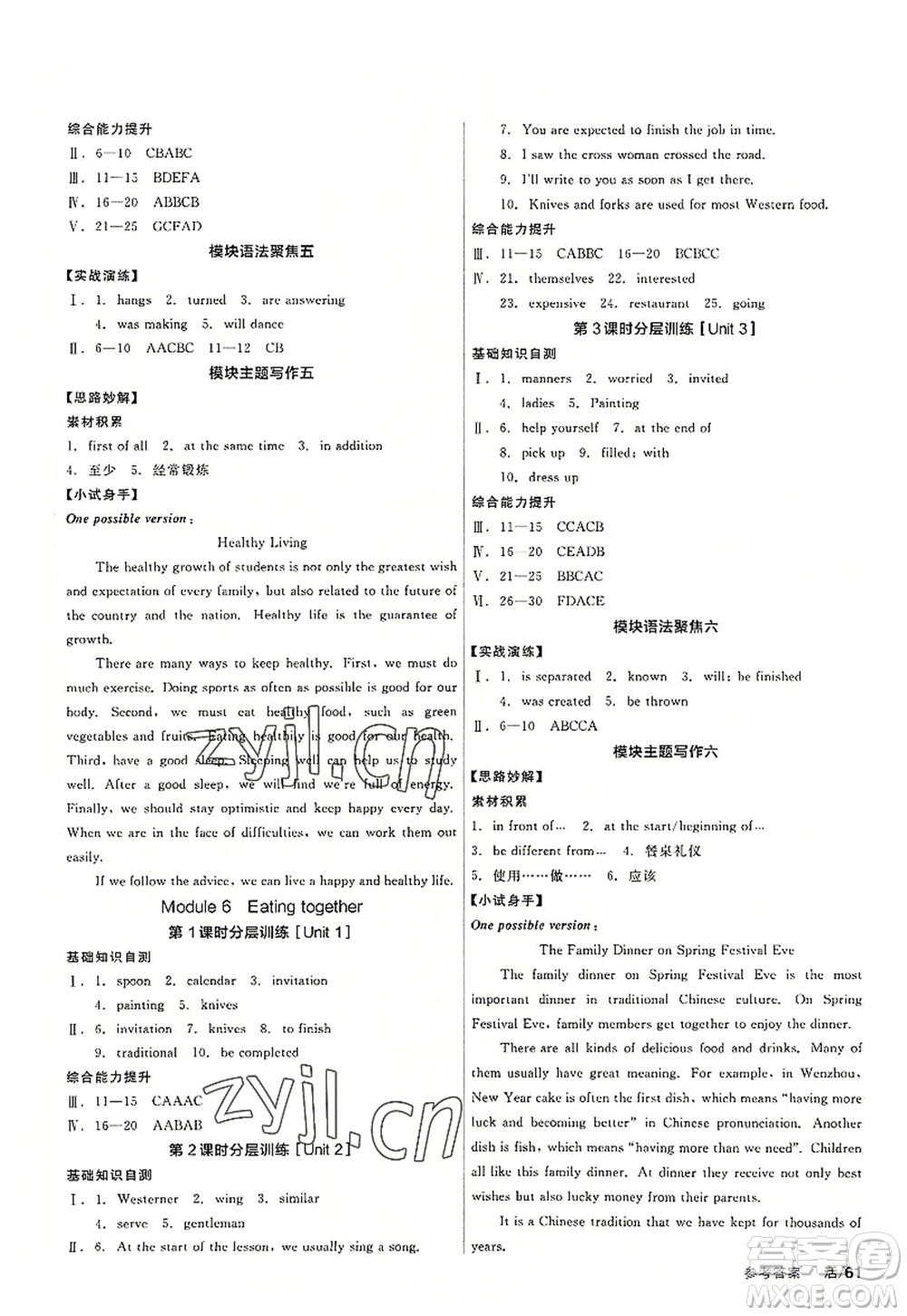 沈陽出版社2022全品學練考九年級英語全一冊WY外研版廣西專版答案