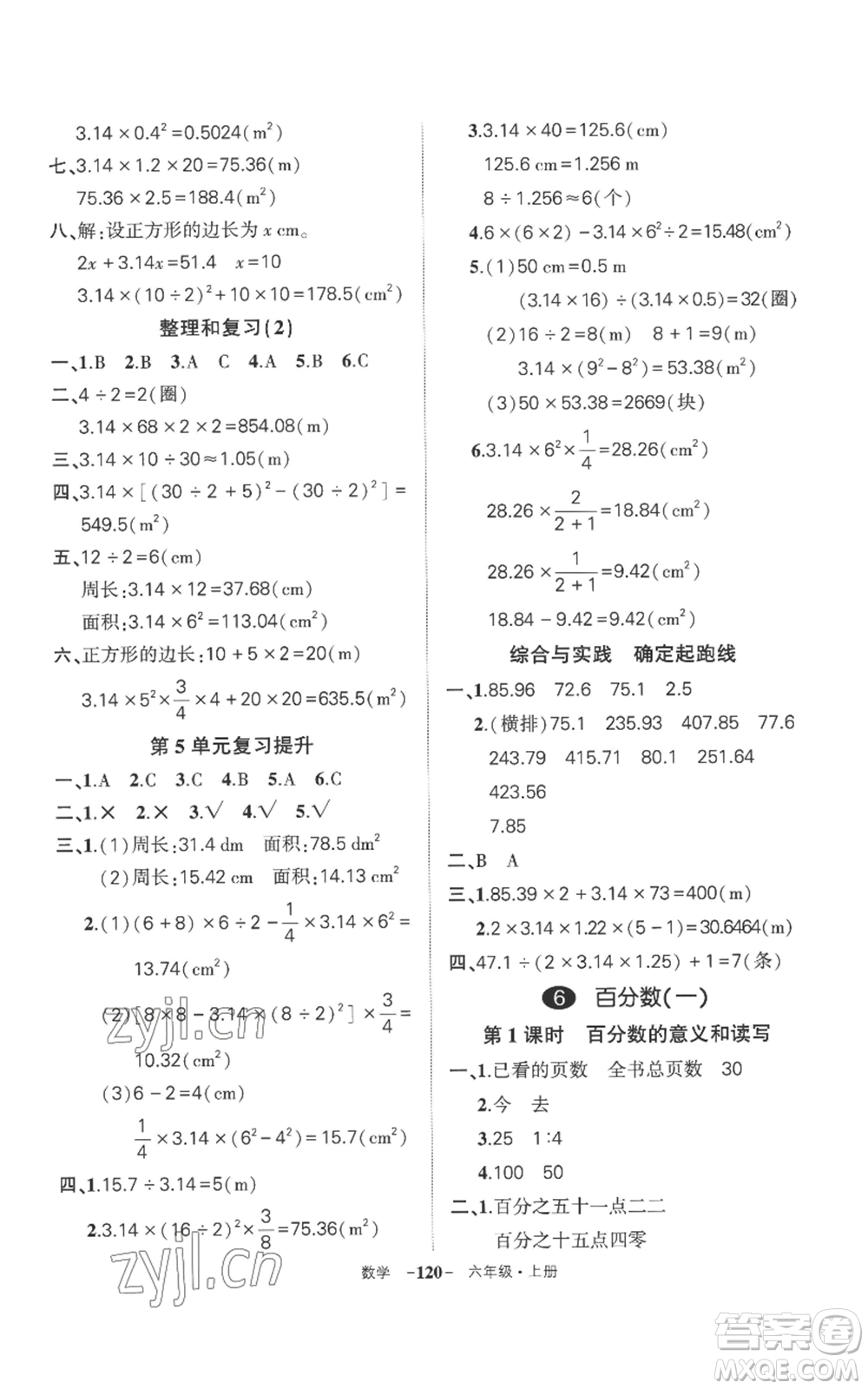 西安出版社2022秋季狀元成才路創(chuàng)優(yōu)作業(yè)100分六年級(jí)上冊(cè)數(shù)學(xué)人教版湖南專版參考答案