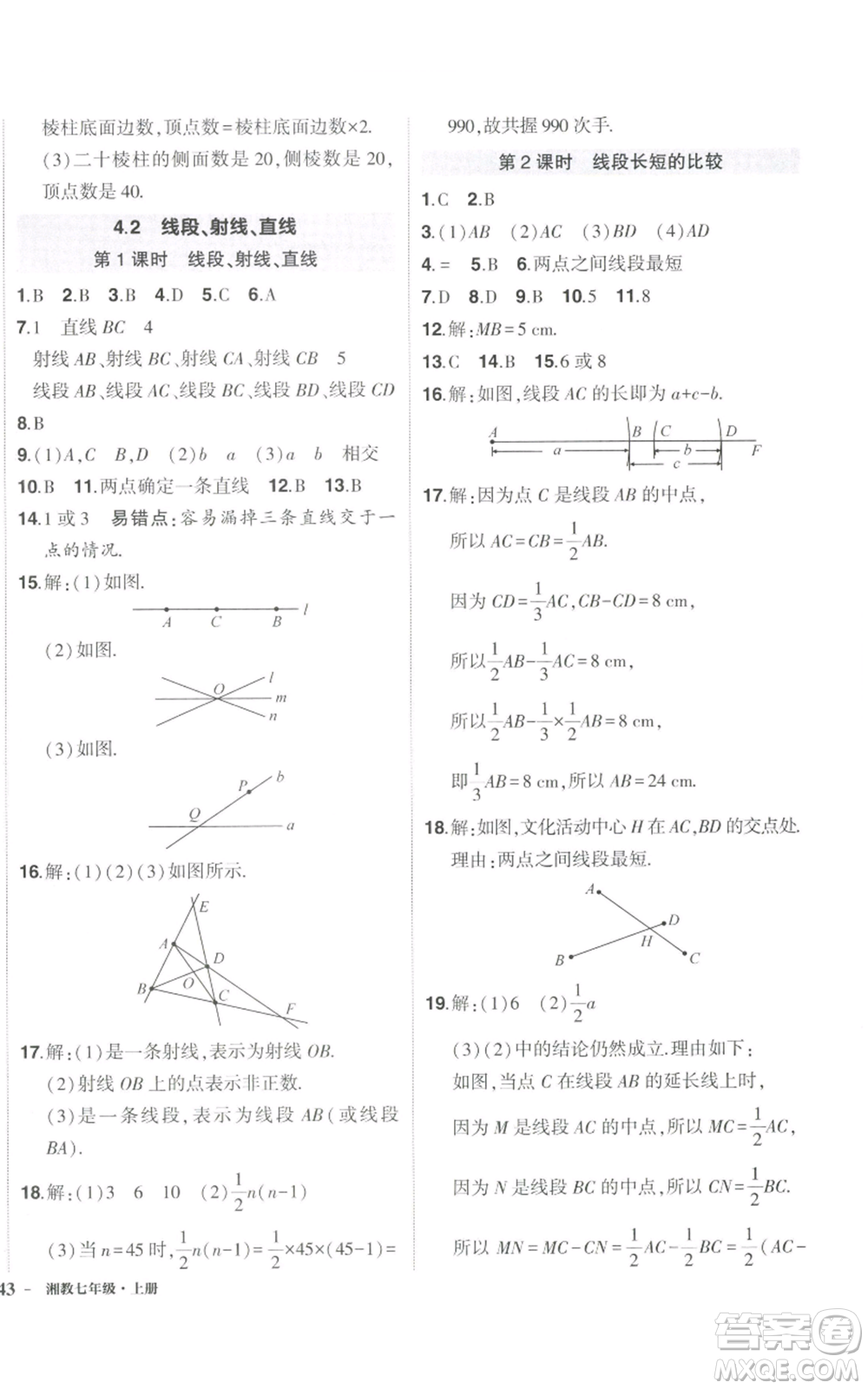 吉林教育出版社2022秋季狀元成才路創(chuàng)優(yōu)作業(yè)七年級上冊數(shù)學湘教版參考答案