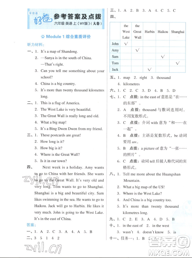 吉林教育出版社2022秋好卷六年級(jí)英語(yǔ)上冊(cè)外研版答案
