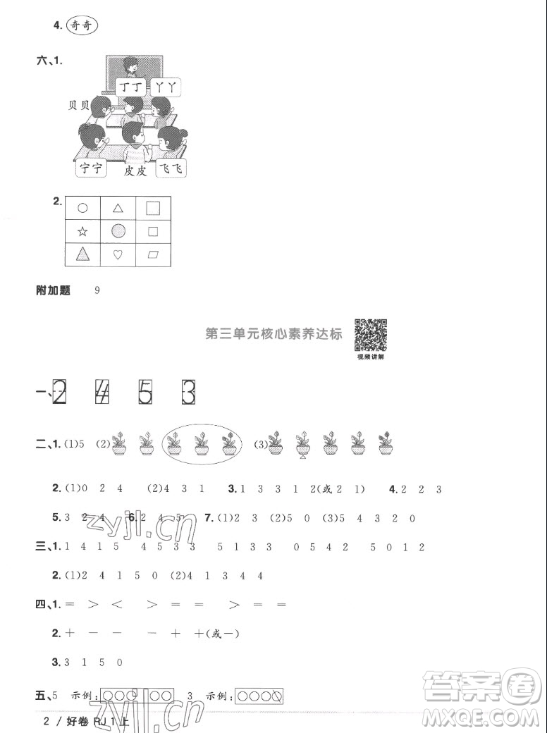 江西教育出版社2022陽光同學(xué)一線名師全優(yōu)好卷數(shù)學(xué)一年級上冊人教版答案
