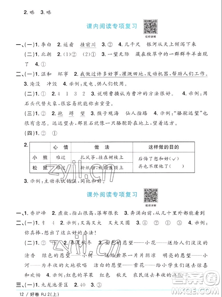 江西教育出版社2022陽(yáng)光同學(xué)一線名師全優(yōu)好卷語(yǔ)文二年級(jí)上冊(cè)人教版答案