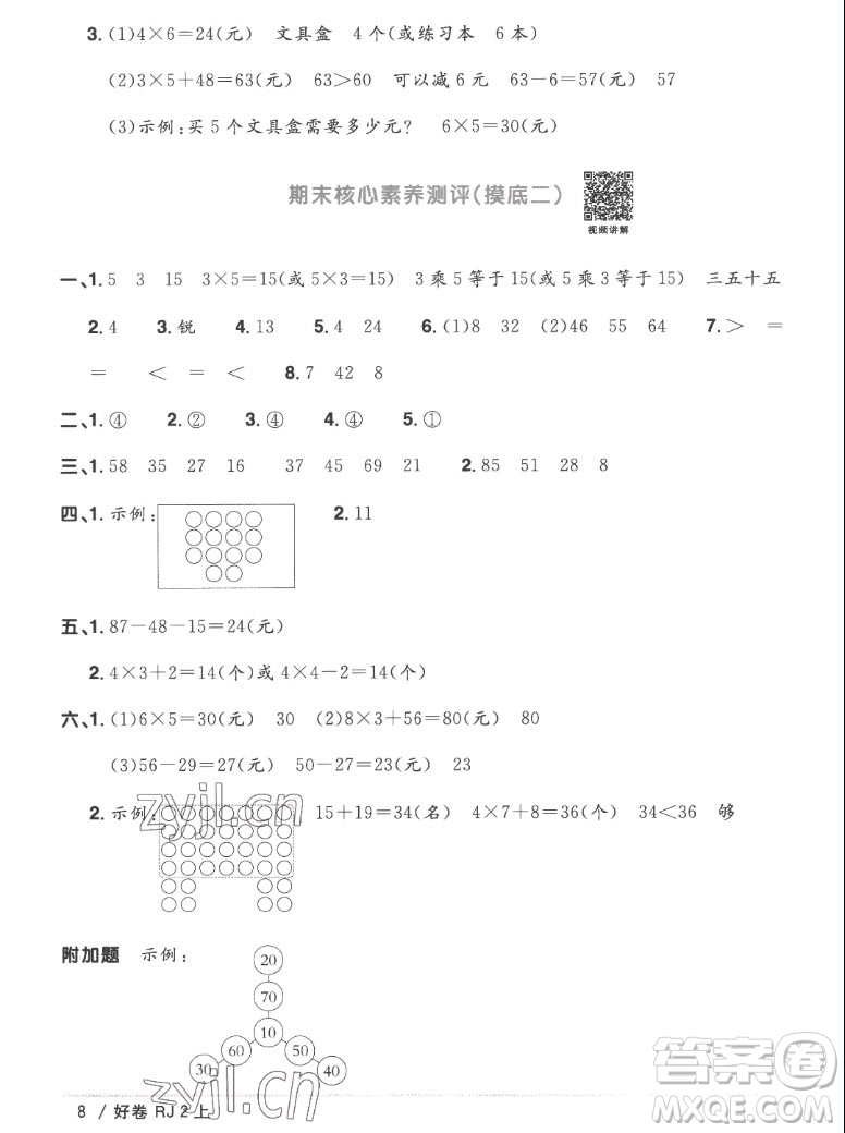 江西教育出版社2022陽光同學(xué)一線名師全優(yōu)好卷數(shù)學(xué)二年級上冊人教版答案